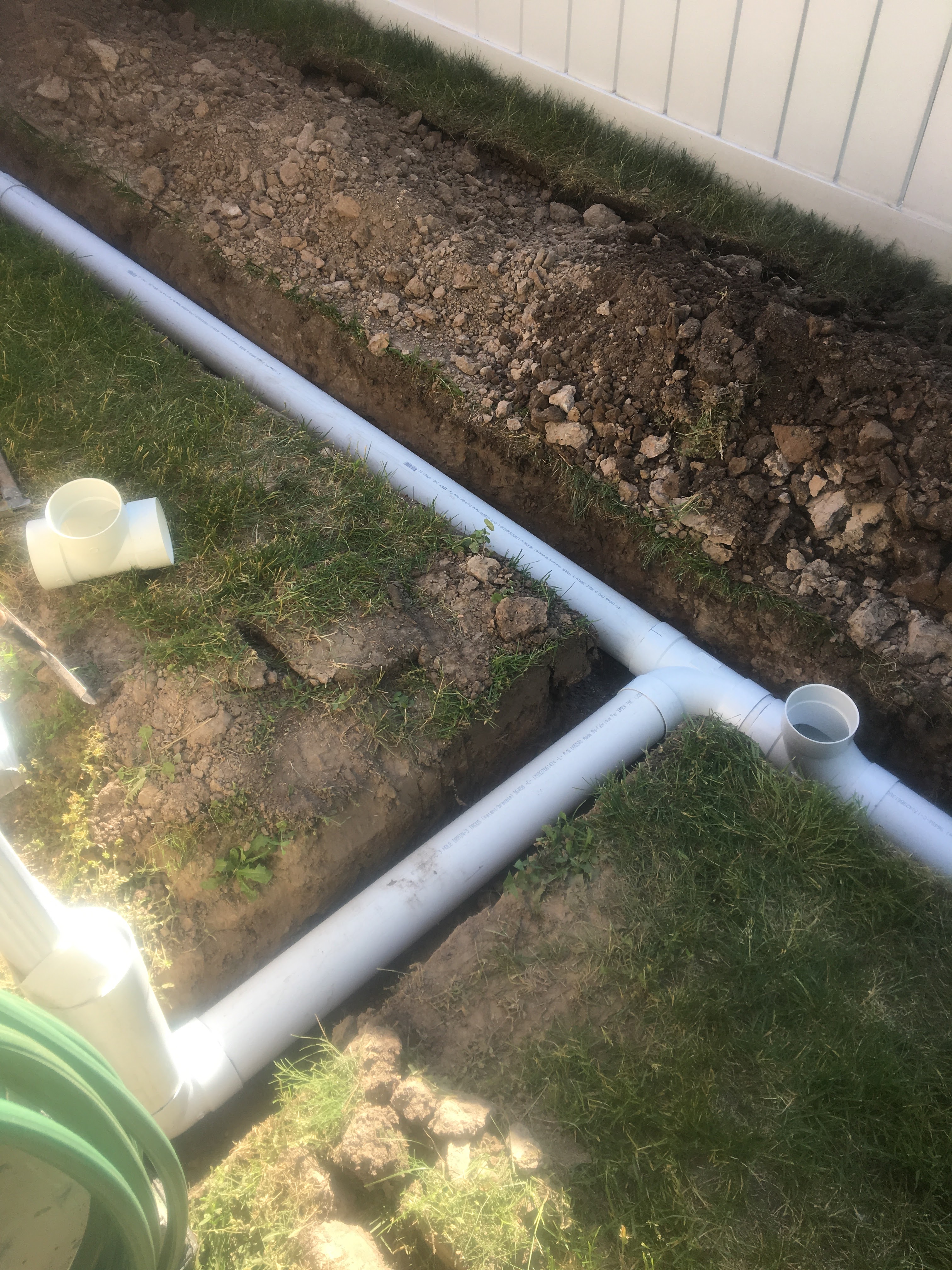 Network of PVC drainage pipe installed in trenches around a home